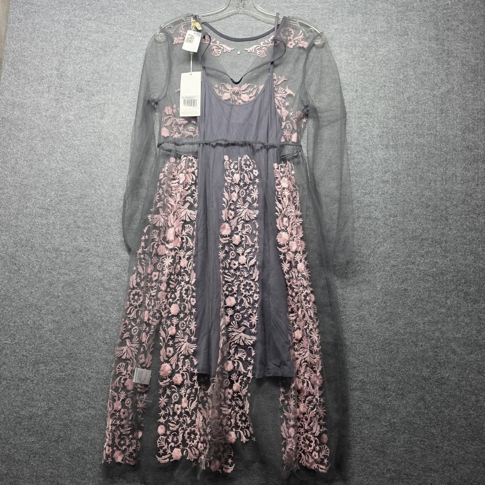 Little White Lies Floral Embroidered Maxi Dress Women's M Black Pink Mesh NWT